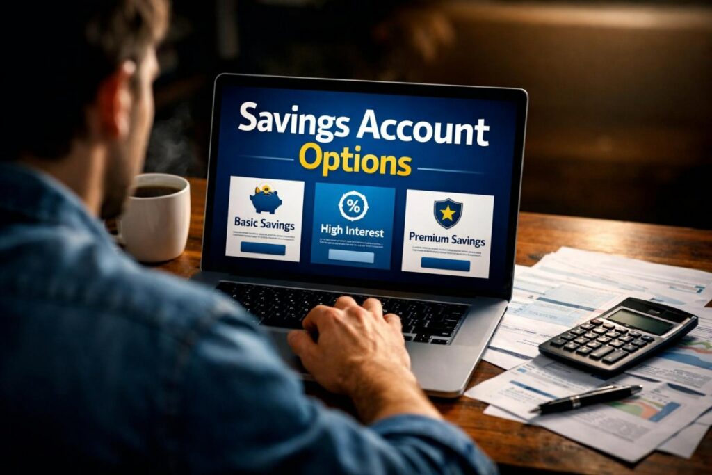 Person using a laptop at home to compare bank savings account options.