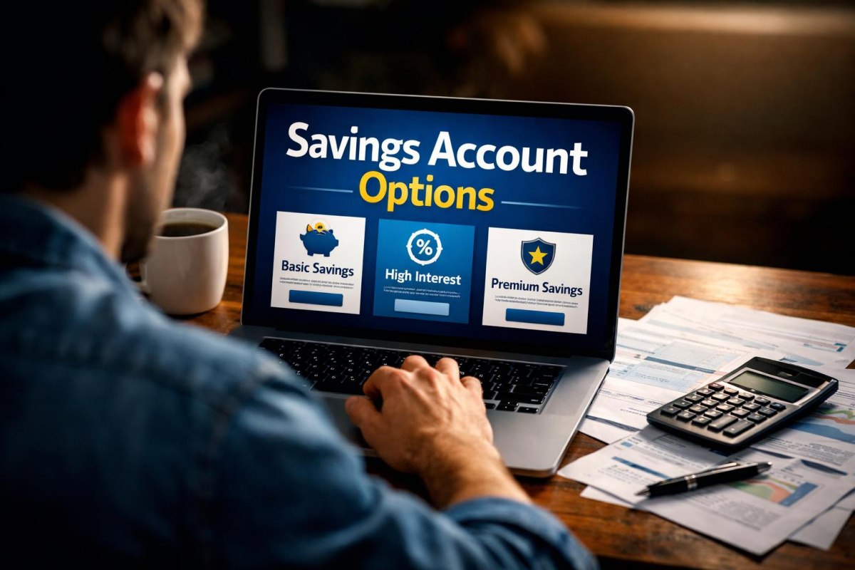 Person using a laptop at home to compare bank savings account options.