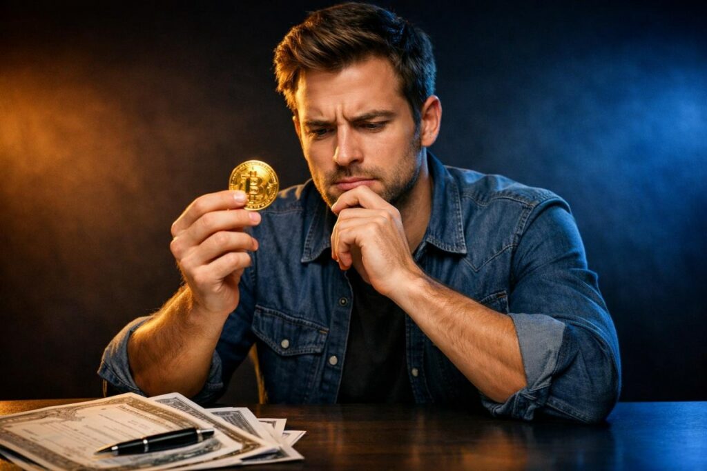 Person comparing a cryptocurrency coin and paper stock certificates.