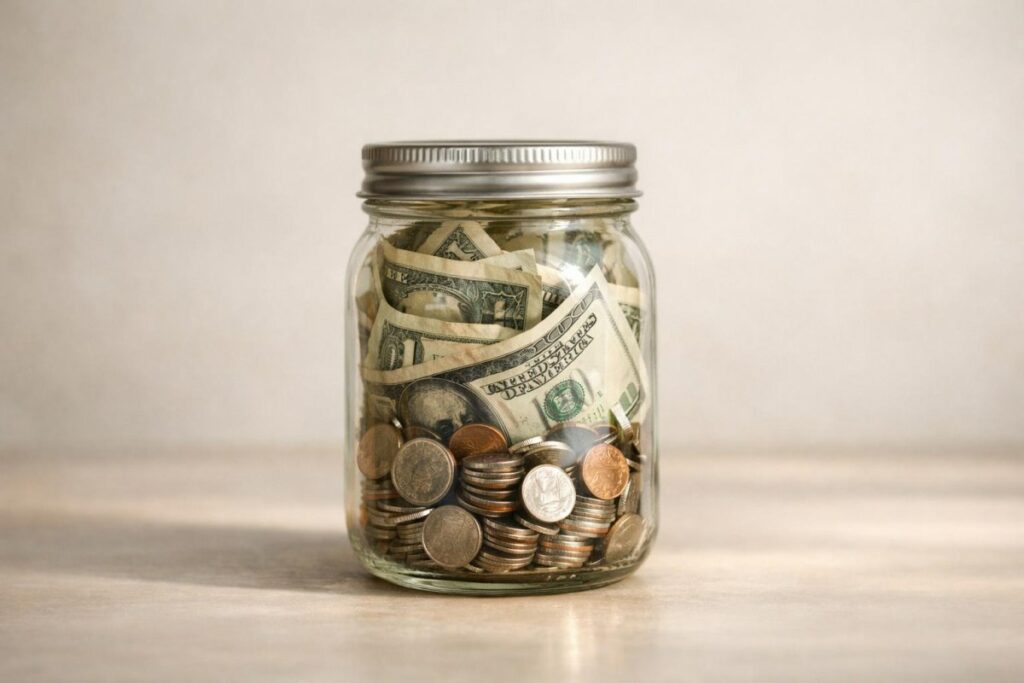 A jar labeled Emergency Fund filled with cash and coins.
