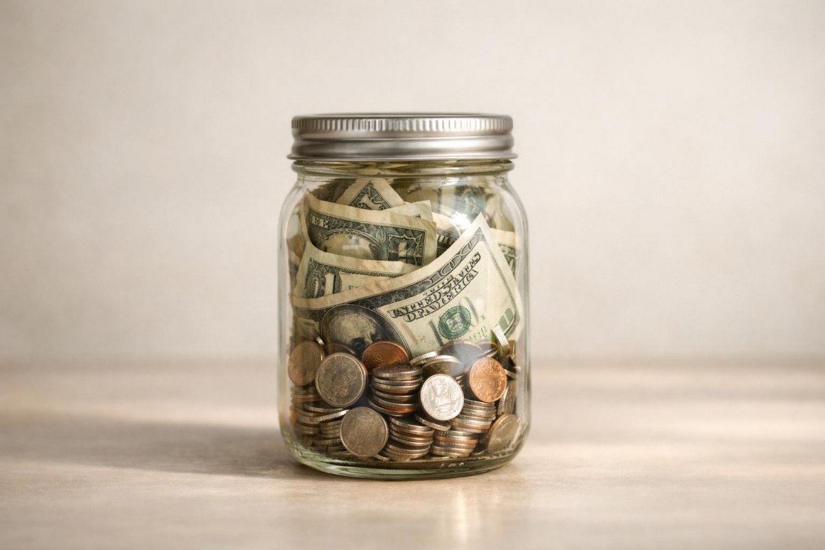 A jar labeled Emergency Fund filled with cash and coins.