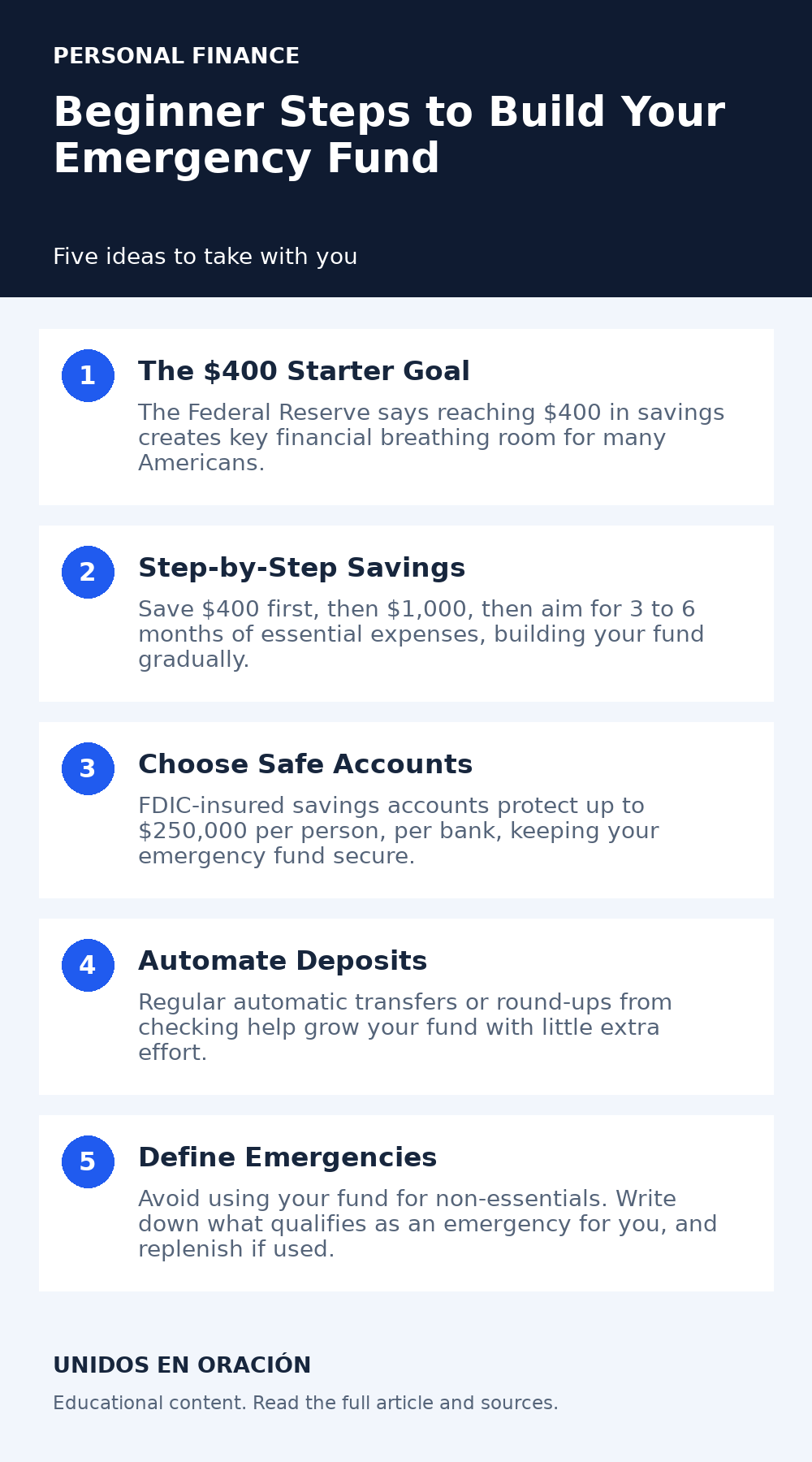 Beginner Steps to Build Your Emergency Fund — five key takeaways