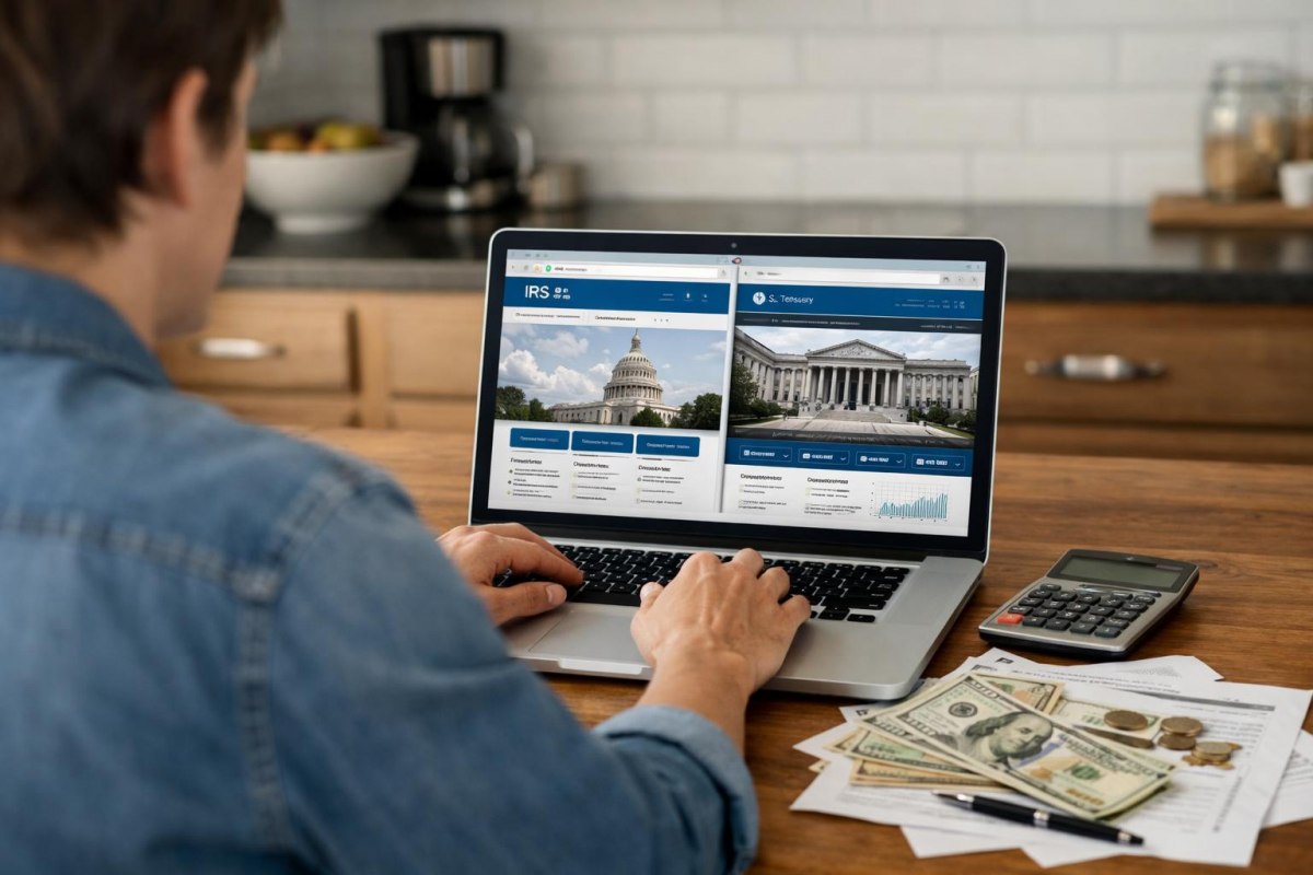 Person using a laptop to research TreasuryDirect with paperwork and cash.