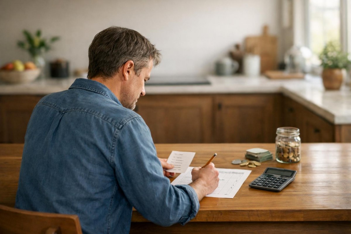 Person reviewing values and expenses at a kitchen table