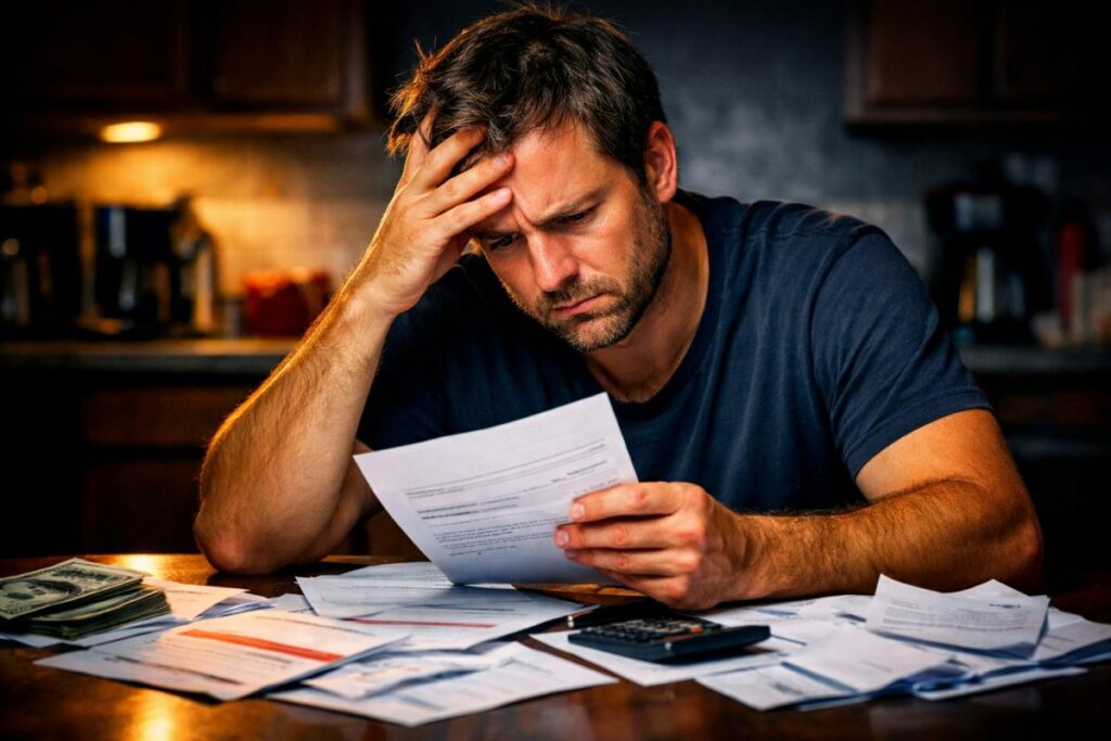 Person stressed over payday loan bills at home.