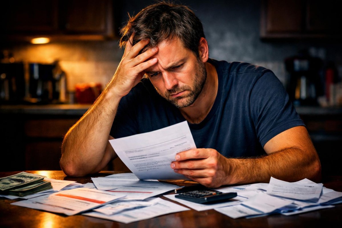 Person stressed over payday loan bills at home.